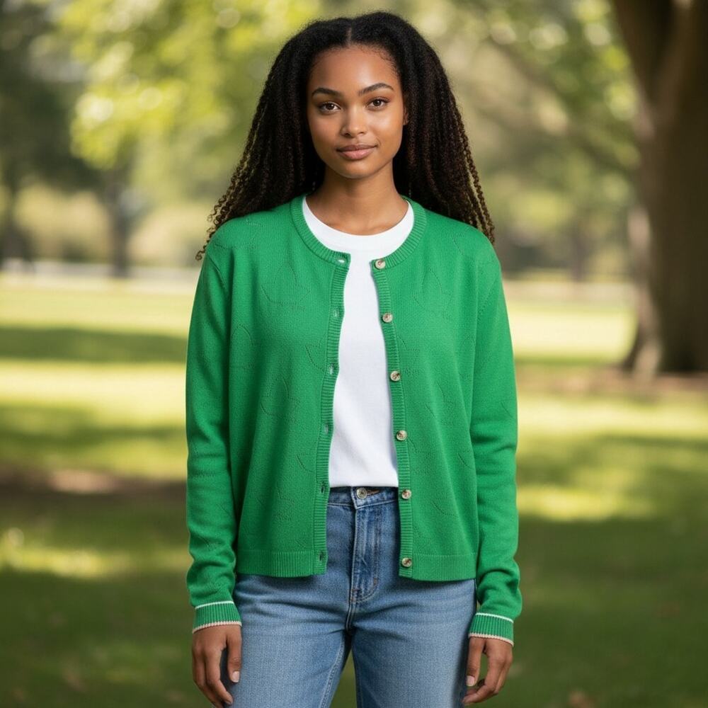 Ivy Storehouse Cardigan AKA Sorority Pointelle Sz XL Green Pink Gold preppy